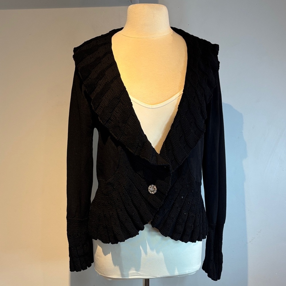 Vintage Susan Bristol Elegant Black Knit one button ruffle cardigan size XL